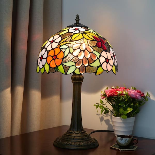 Lasaideal 19 in. Tiffany Style Bronze Finish Table Lamp with Grape Floral Stained Glass Lamp Shade