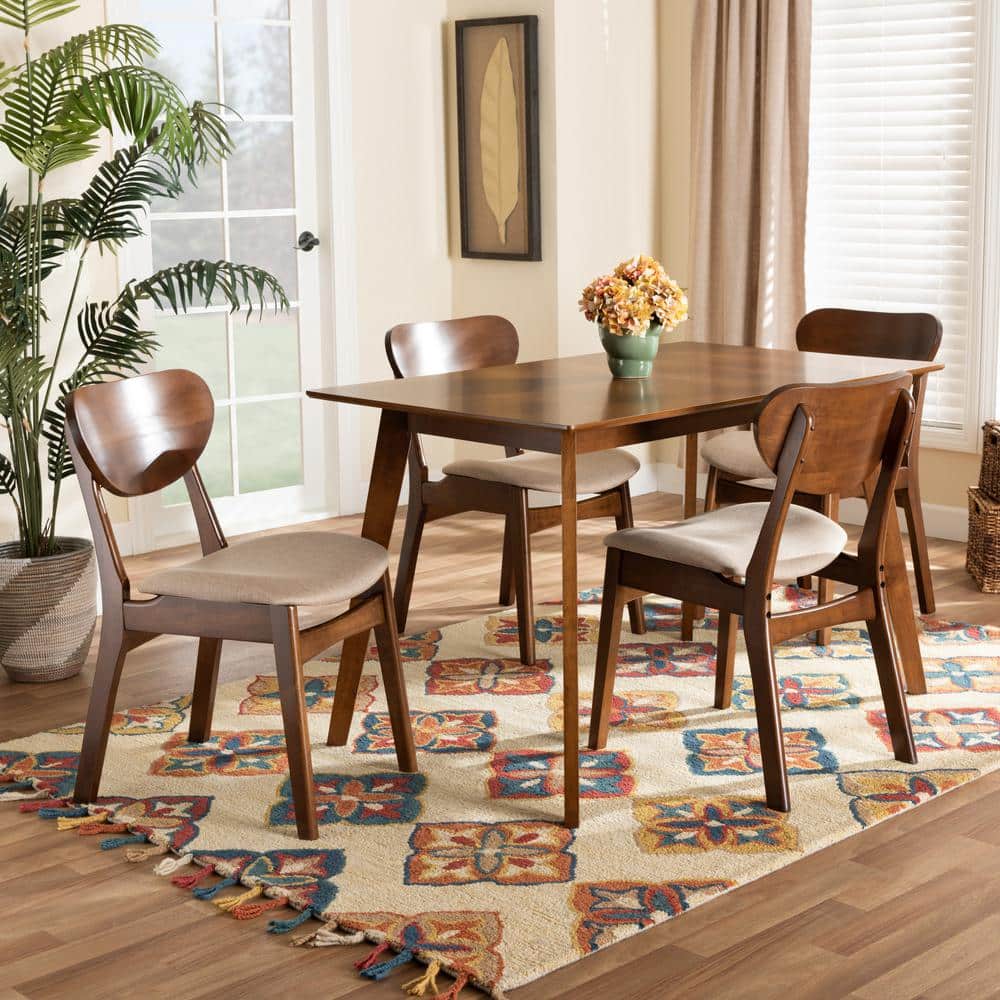 Katya Walnut Brown and Sand Fabric Mid-Century Modern 5-Piece Dining Set