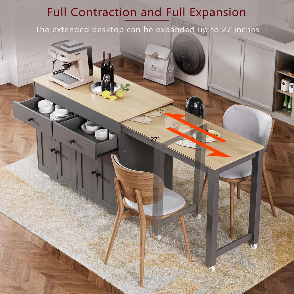 Runesay Oak and Gray Wood 70.5 in. 2-Drawer Rolling Kitchen