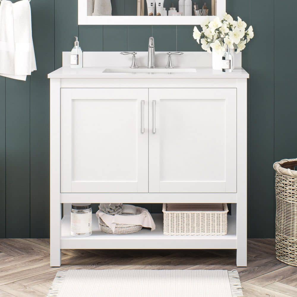 Vegas 36" Pure White Freestanding Bathroom Vanity with Marble Top