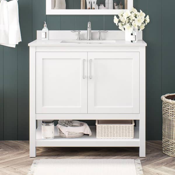 Vegas 36 in. Single Sink White Bath Vanity with White Engineered Stone Top (Assembled)