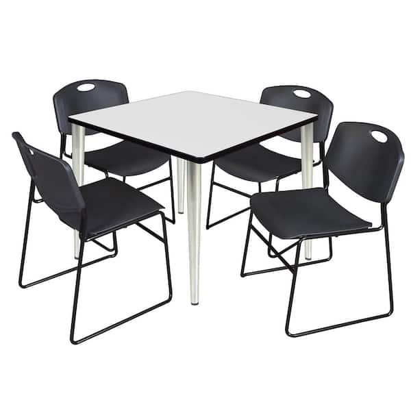 Regency Trueno 36 in. Square White and Chrome Wood Breakroom Table and 4-Black Zeng Stack Chairs (Seats 4)