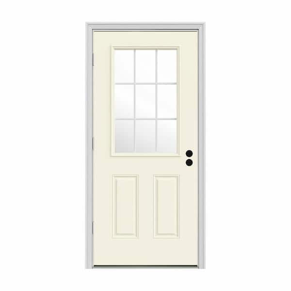 JELD-WEN 30 in. x 80 in. 9 Lite Vanilla Painted Steel Prehung Right-Hand Outswing Entry Door w/Brickmould