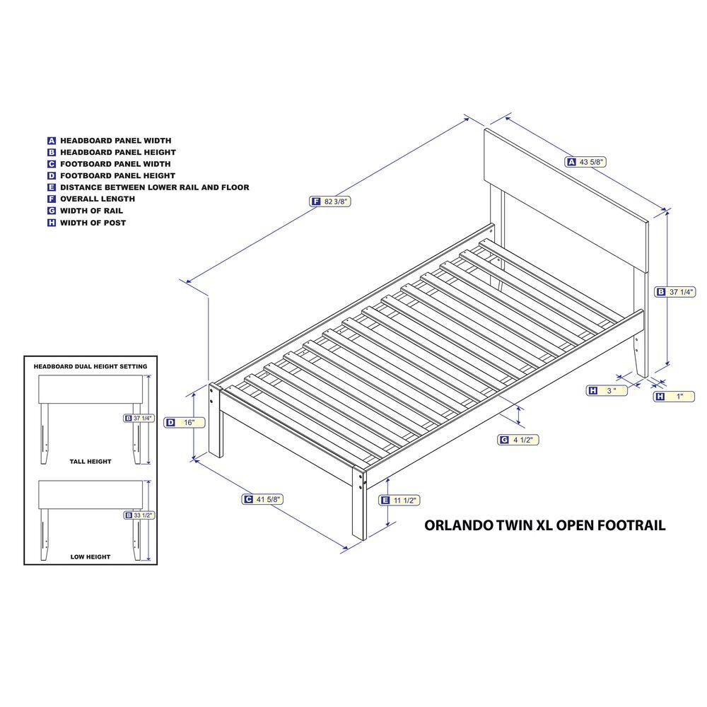 Orlando Twin XL Platform Bed with Integrated USB, Rubberwood