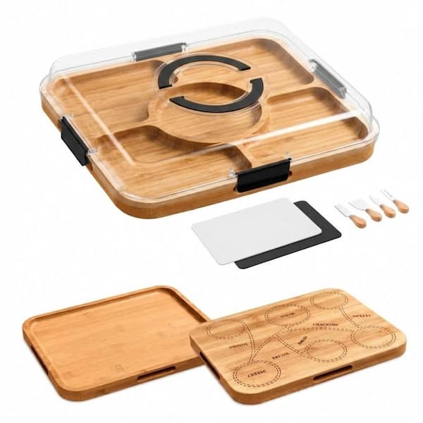 2-in-1 Bamboo Charcuterie Board with Lid and Engraved Arrangement Guide, Includes 2 Plastic Cutting Mats