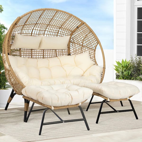 Oversized 2-Person Outdoor Wicker Lounge Egg Chair Double Patio Loveseat with Ottoman Beige Cushion 680 lbs. Capacity