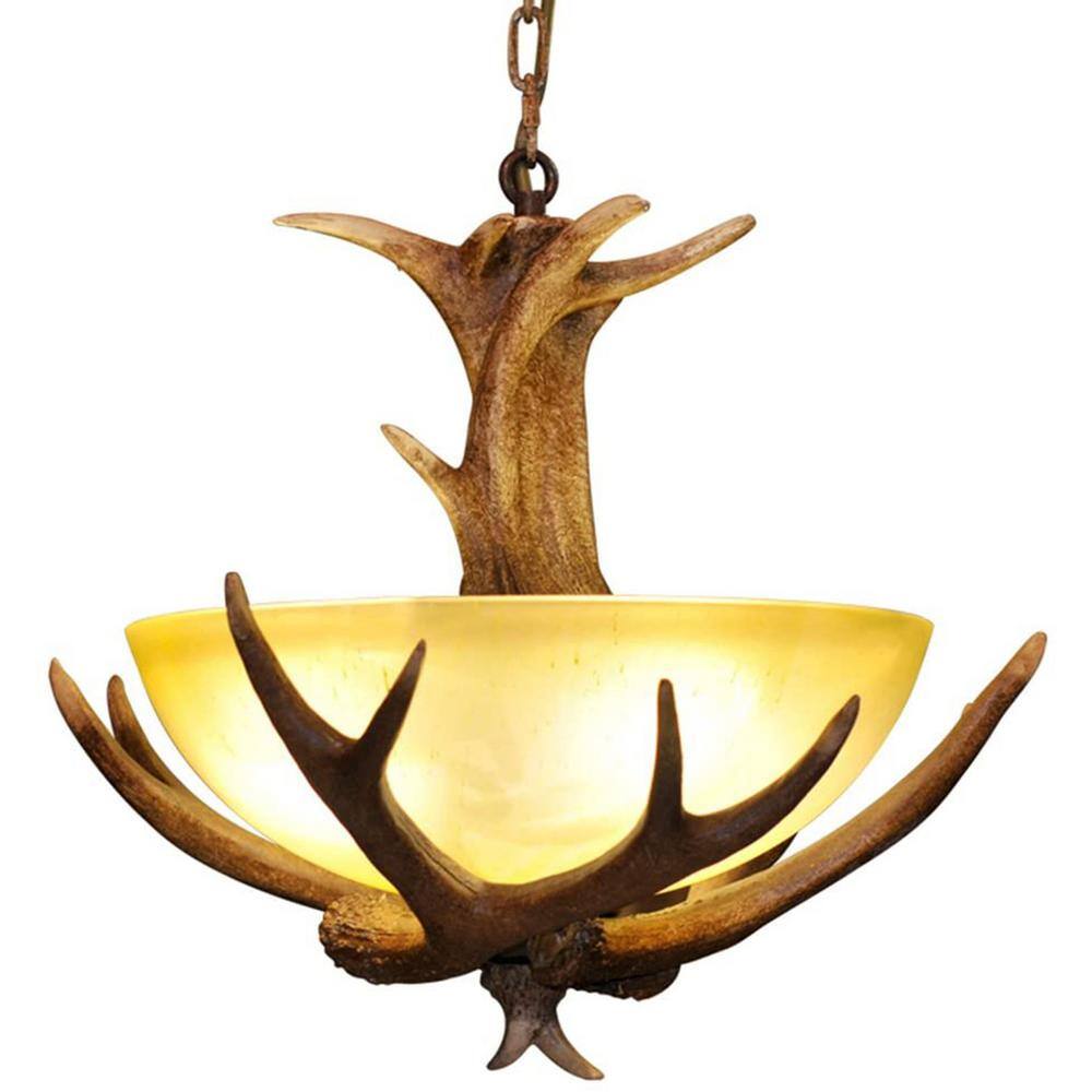Oukaning HG-ZJGJ-4606 3-Light Brown Retro Resin Antler Pendant Light with Frosted Glass Bowl Shade