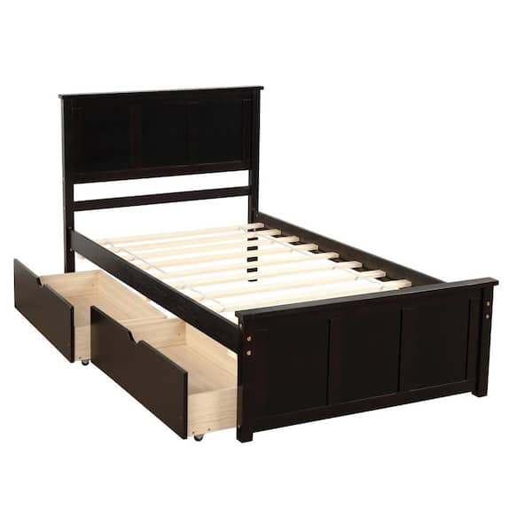 ANBAZAR Twin Size 42 in. Espresso Platform Bed with 2 Drawers, Twin Kids Adult Bed Frame with Headboard and Strong Slats Support