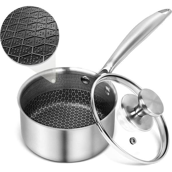 Hybrid Nonstick 1 qt. Stainless Steel Sauce Pan with Glass Lid in Silver, Honeycomb Interior, Induction Safe