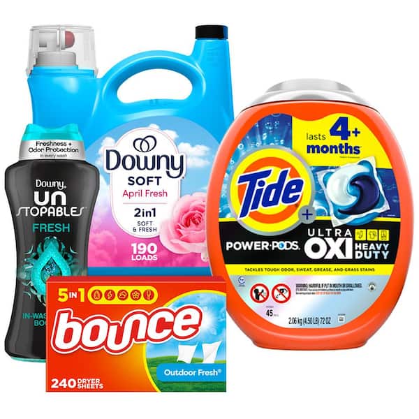 Tide Ultra Oxi Original Scent Laundry Detergent Pods, 45-Count Plus Fabric Softener, Dryer Sheets, and Scent Beads Bundle