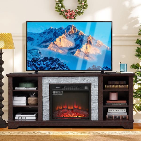 58 in. Freestanding Electric Fireplace TV Stand with Faux Stacked Stone Surround, with 18 in. Fireplace Insert, White