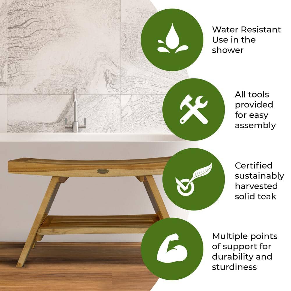 30" Earthy Teak Wood Shower Bench with Shelf
