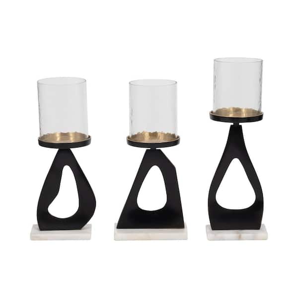 13 in. / 15 in. Black Metal/Marble Hurricane Candle Holder (Set of 3)