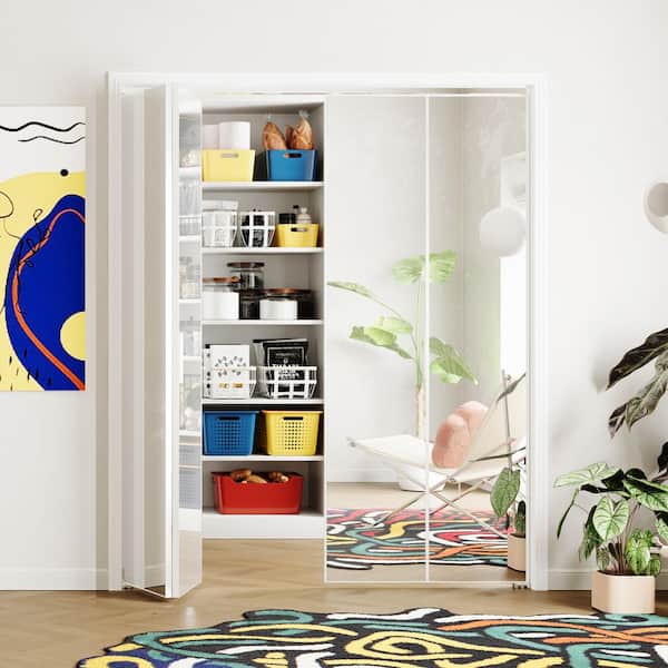 72 in. x 80 in. Mirrored Glass, White, Hollow Core, MDF, Aluminum Frame, Full Lite Bi-Fold Doors with Hardware Kits