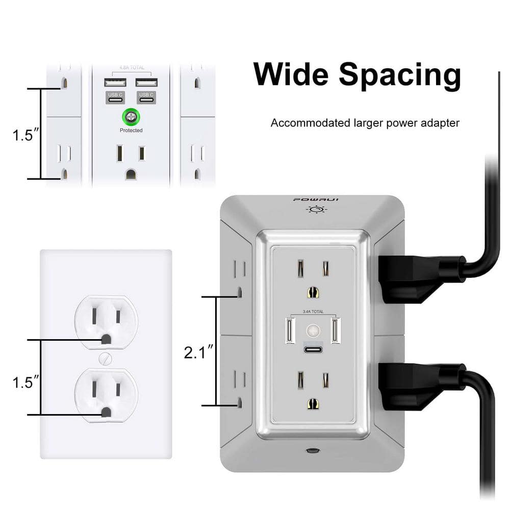 Grey 6-Outlet Surge Protector with USB Ports and Night Light