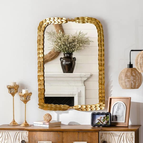 24 in. W x 32 in. H Rectangular Framed Wall Bathroom Vanity Mirror in Gold Leaf Finshed