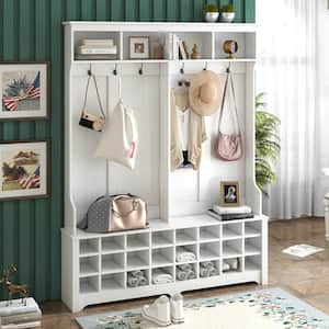 Multifunction 60 in. W White Hall Tree with 6 Metal Black Hooks and 24 Shoe Cubbies