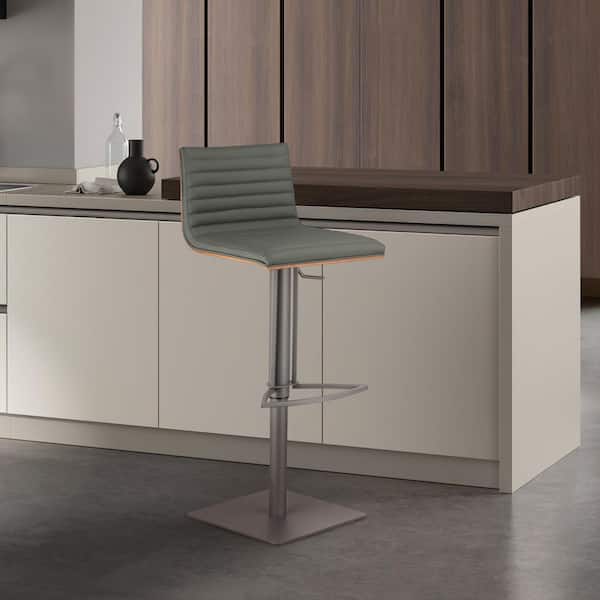 Armen Living Cafe 31-41 in. Gray Faux Leather with Gray Metal Finish Finish and Walnut Veneer Back Adjustable Swivel Bar Stool