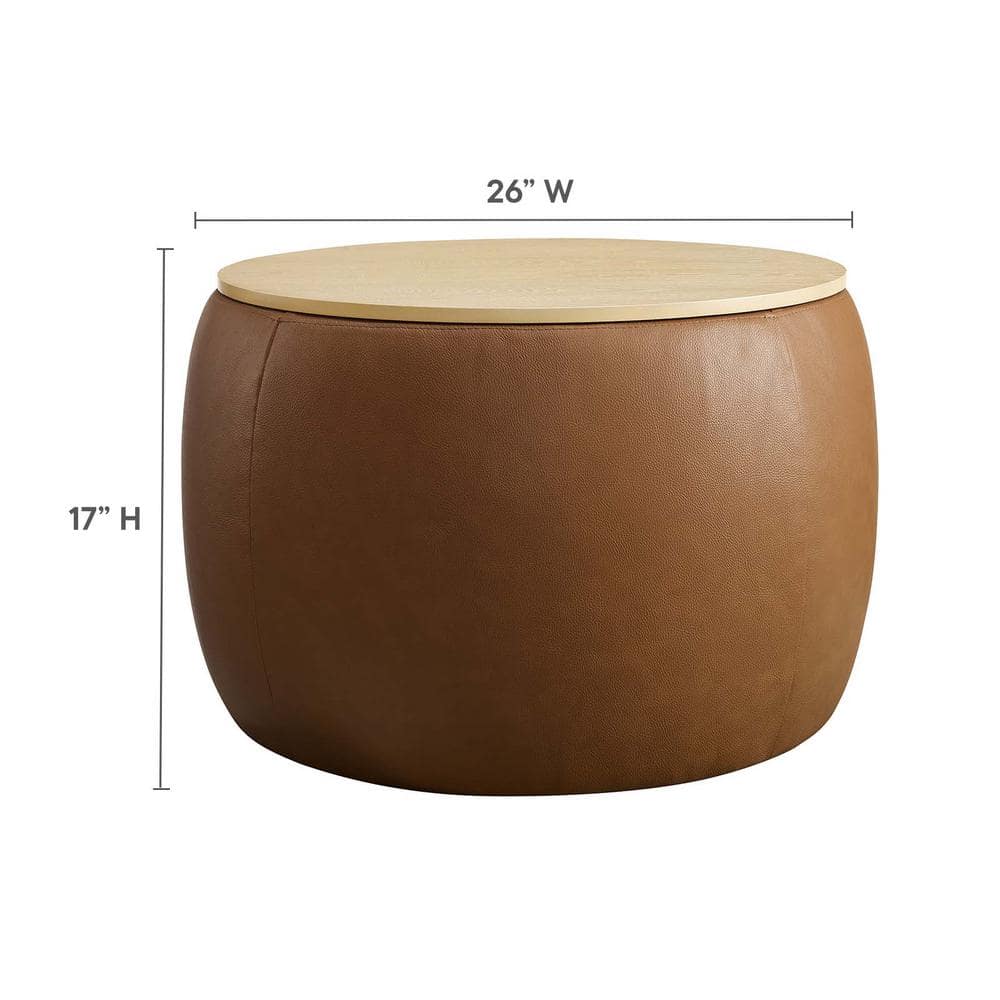 Tan Round Vegan Leather Storage Ottoman with Tray Lid
