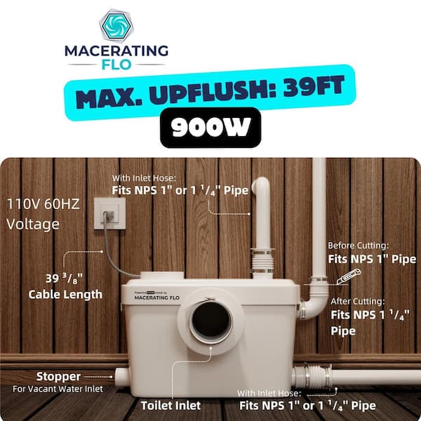 900W Upflush Macerating Toilet System, 18 in. Two piece Toilet, Two Extension Pipes, 3-Inlet Macerator Pump Lifts 39 FT.