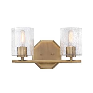 Haven 16 in. 2-Light Old Satin Brass Vanity Light with Clear Rippled Glass Shades for Bathrooms