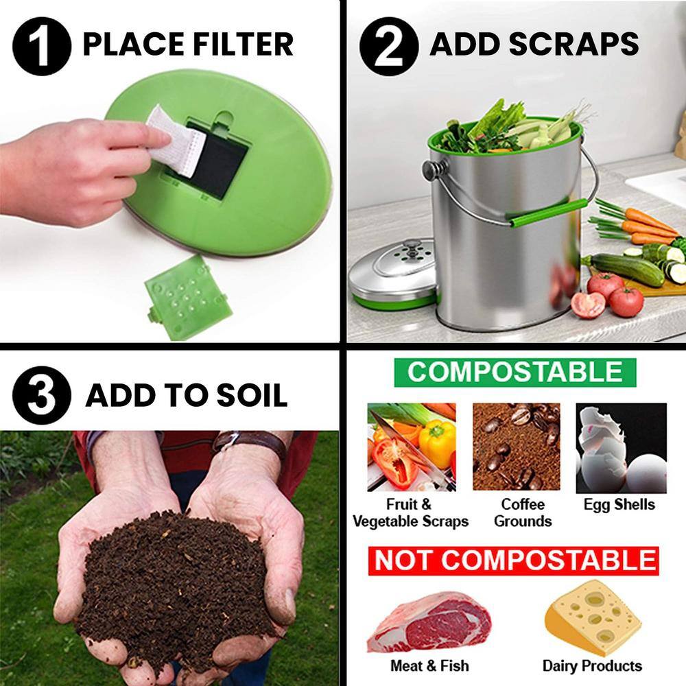 Titanium Stainless Steel 1.6 Gallon Kitchen Compost Bin with AbsorbX Odor Filter