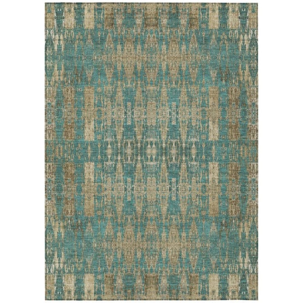 Teal Blue, Taupe, Beige 10 ft. x 14 ft. Woven Moroccan Polyester Rectangle Indoor/Outdoor Area Rug