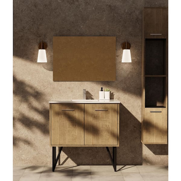 Lancy 36 in W x 20 in D Rustic Acacia Bath Vanity, White Quartz Top and 28 in Mirror
