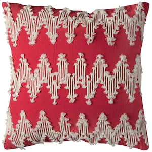Red/Ivory Chevron Frayed Cords Cotton Poly Filled 20 in. x 20 in. Decorative Throw Pillow