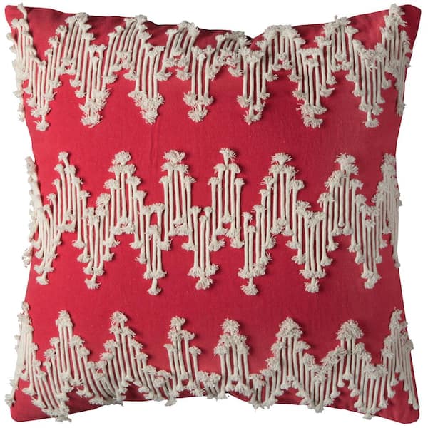 Unbranded Red/Ivory Chevron Frayed Cords Cotton Poly Filled 20 in. x 20 in. Decorative Throw Pillow