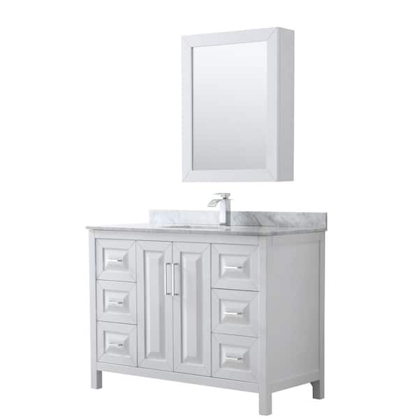 Wyndham Collection Daria 48 in. Single Bathroom Vanity in White with Marble Vanity Top in Carrara White and Medicine Cabinet