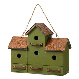 16.25 in. L Oversized Washed Green Distressed Solid Wood Villa Garden Birdhouse with Drawer-Shaped Birdfeeder
