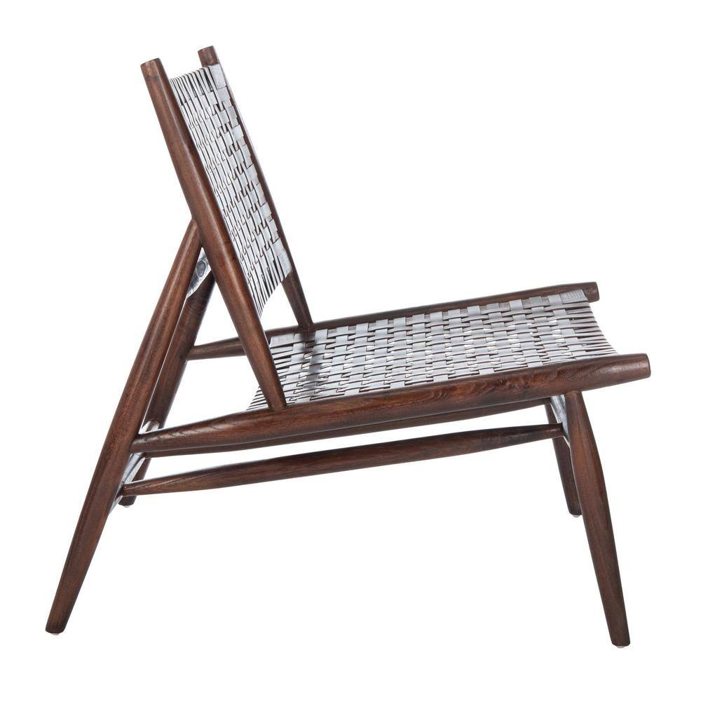 Transitional Brown Leather and Sungkai Wood Armless Accent Chair