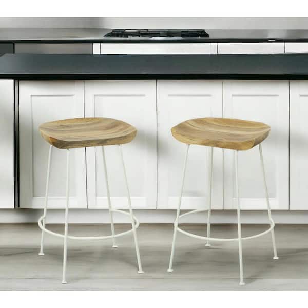 HomeRoots 24.5 in. Natural Backless Metal Counter Height Bar Chair with Wood Seat Set of 2