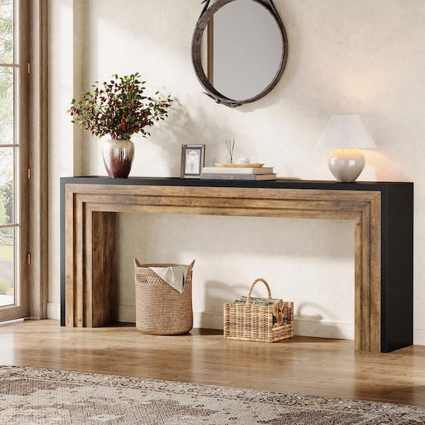 Turrella 71 in. Black+Brown Rectangle MDF Console Table, Narrow Sofa Table Behind the Couch for Living Room, Entryway