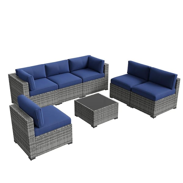 Sizzim Gray 7-Piece Wicker Rattan Outdoor Sectional Set with Blue Cushions, Coffee Table and Set Cover