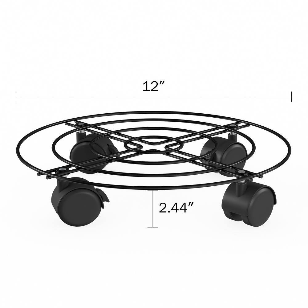 Set of 2 Black Metal 12" Round Plant Caddies with Wheels