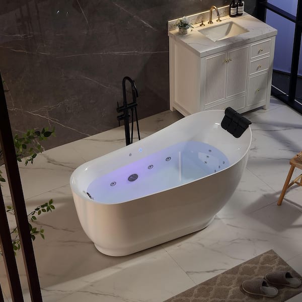 59 in. x 29.5 in. Right Drain Brushed Nickel Freestanding Whirlpool Bathtub Hydrotherapy Lighted Bath-16 Jets in White