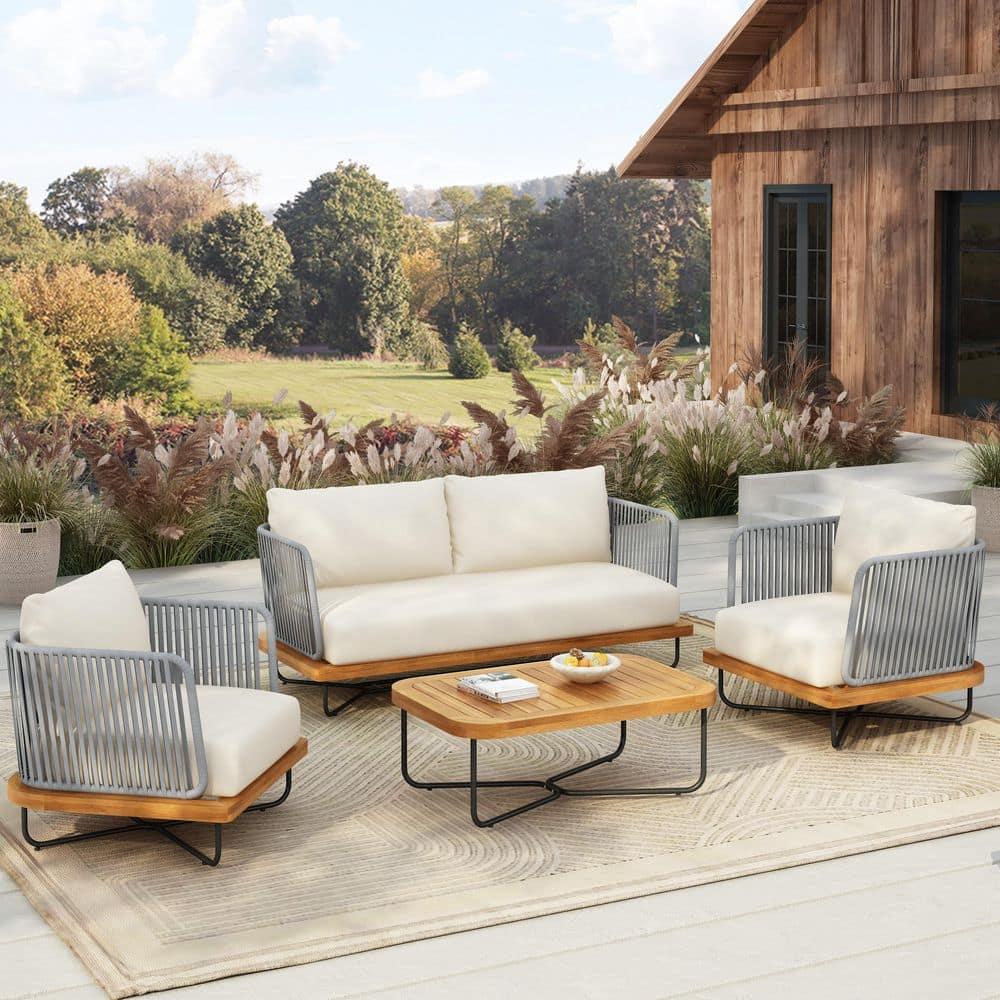 Cali 4-Piece Solid Wood and Rope Weave Outdoor Patio Conversation Set with Beige Cushions, Teak plus Grey