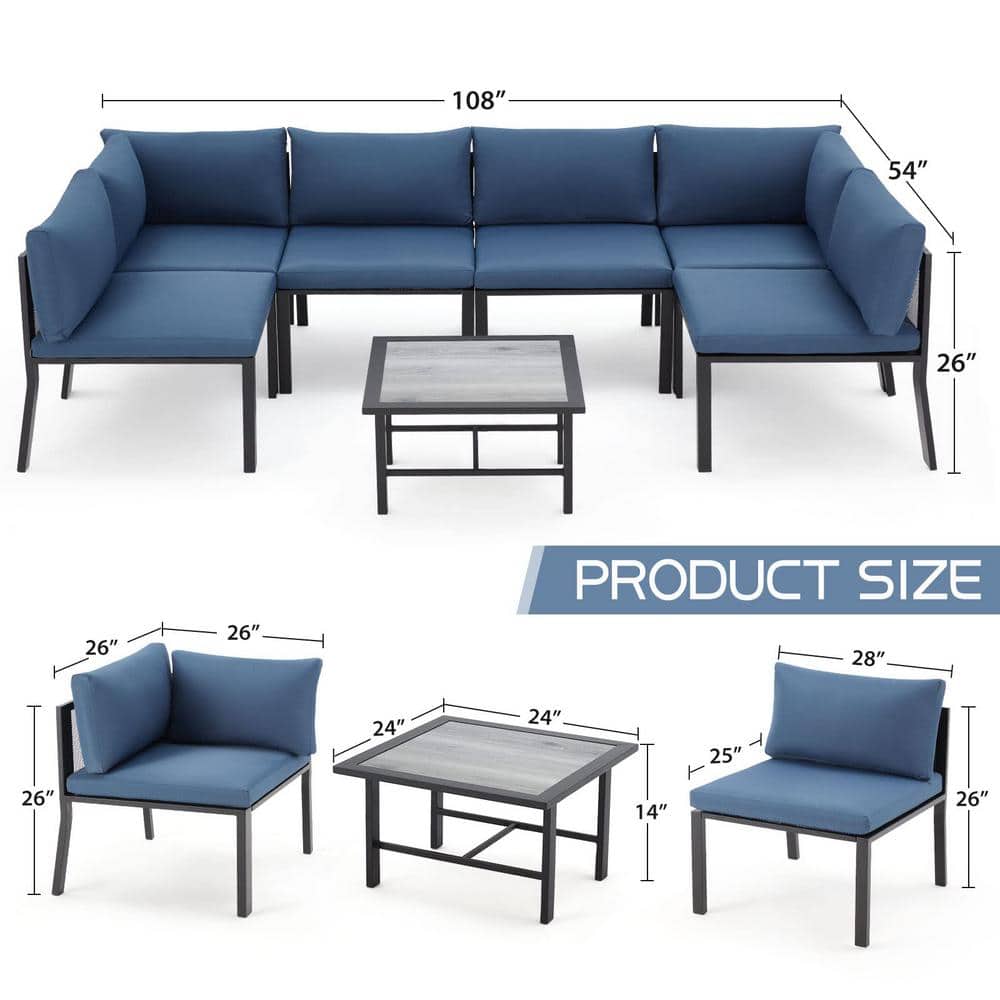 7-Piece Blue Cushioned Iron Patio Sectional Set