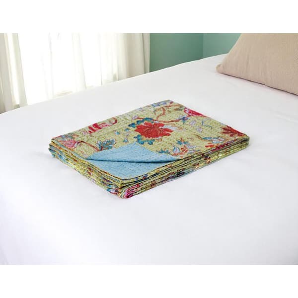 Green, Red Floral Cotton Throw Blanket