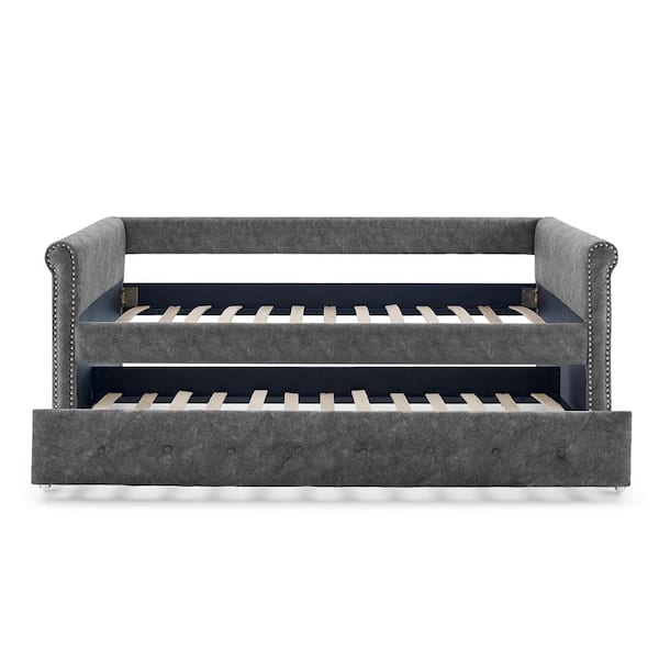 Z-joyee Gray Twin Size Daybed with Trundle Upholstered Tufted Sofa Bed with Button and Copper Nail on Arms