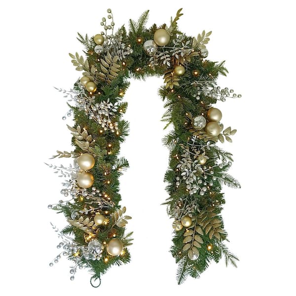 6 ft. Green Battery-Operated Prelit Decorated Artificial Christmas Garland with Gold and Silver Accents