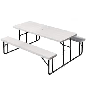 6 ft. White Rectangular HDPE Picnic Table and Bench with Umbrella Hole
