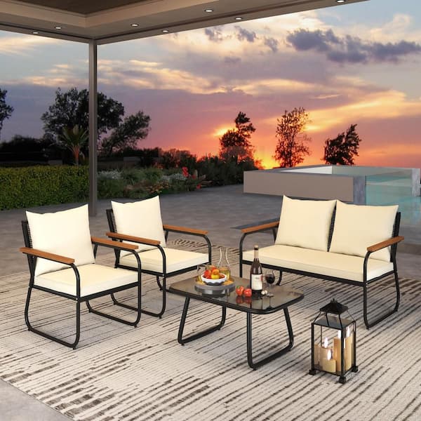 4 PCS Patio Furniture Set with Tempered Glass Coffee Table PE Wicker Rattan Chairs