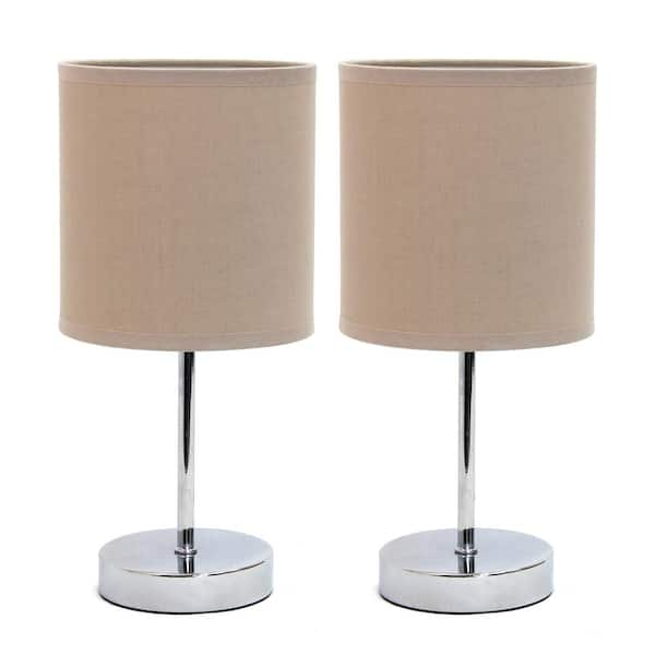 Simple Designs Chrome Mini Basic 11.7 in. Table Lamp with Gray Fabric Shade (2-Pack Set)