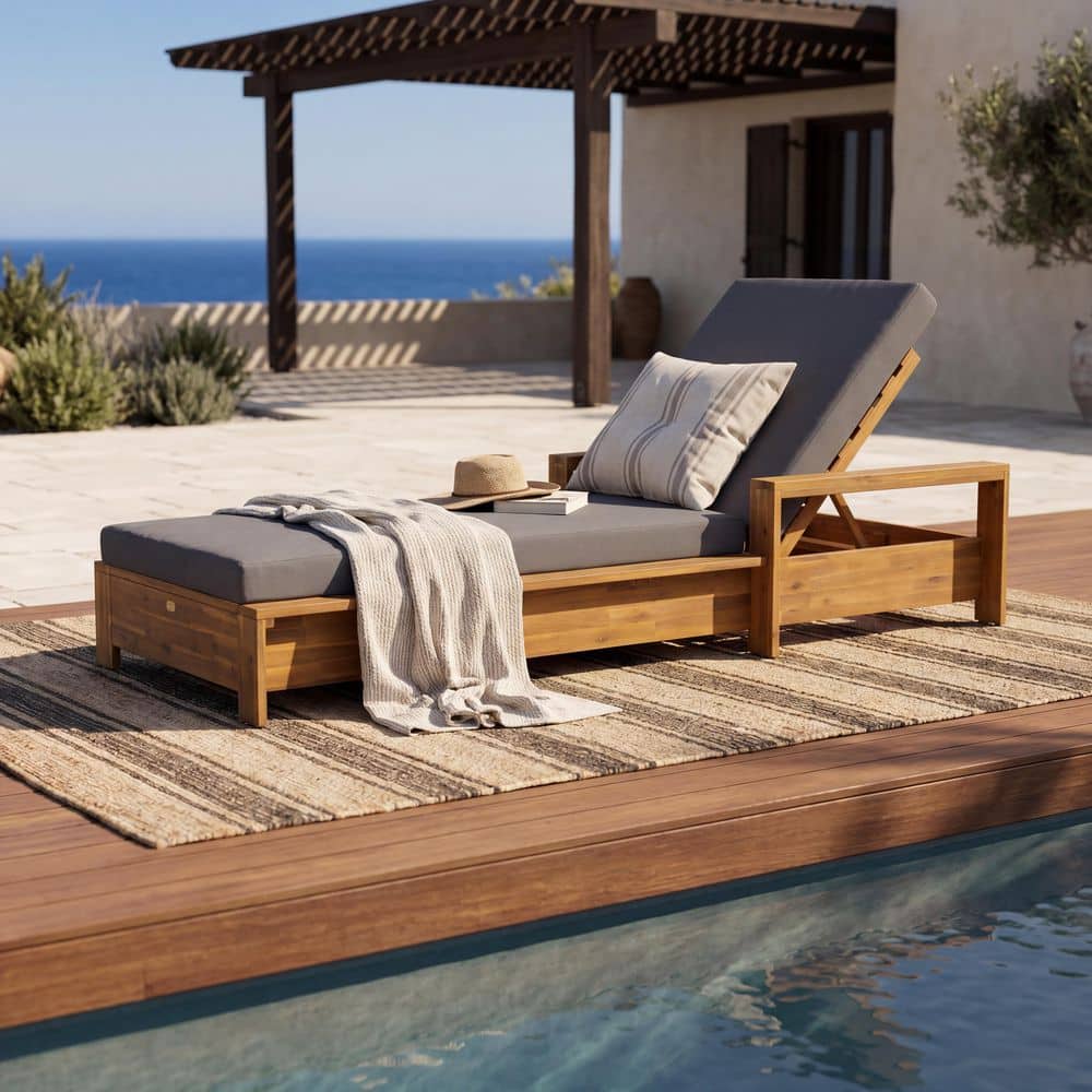 Astero Teak Finish Acacia Wood Outdoor Patio Chaise Lounge with Armrests and Dark Grey 2-Fold Cushion price history on PriceWatchPro