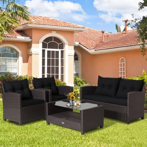 4-Piece Wicker Outdoor Patio Conversation Set Rattan Furniture Set with Black Cushions and Tempered Glass Coffee Table