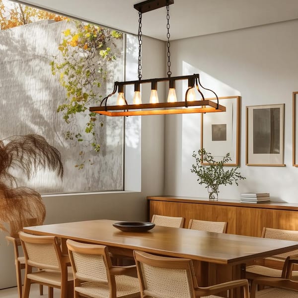 Rustic 5-Light Kitchen Island and Dining Room Light, Farmhouse Linear Chandelier with Black and Brown Wood Finish