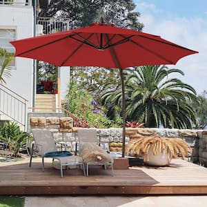 11 ft. Large Outdoor Aluminum Curvy Cantilever Offset Hanging Patio Umbrella with Sandbag Base and Cover in Red